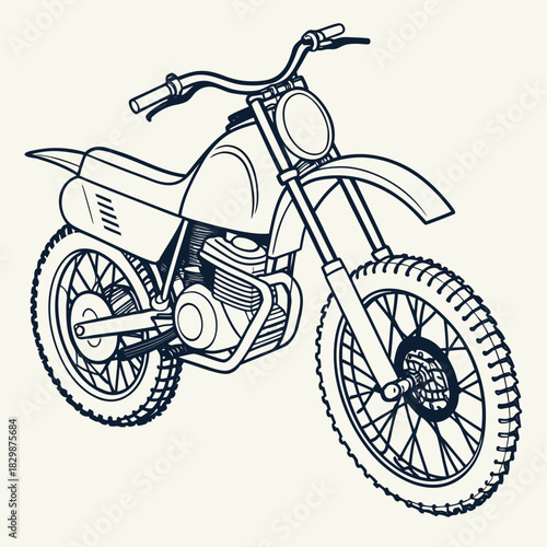 A detailed black and white line drawing of a classic dirt bike or motocross motorcycle isolated on a plain background showcasing its rugged design and off road capabilities