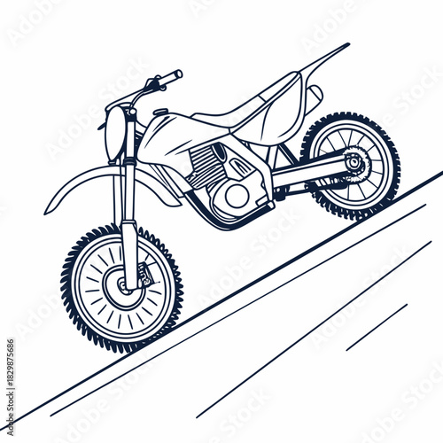 A stylized line art illustration of a dirt bike or motocross motorcycle in motion depicted on a white background with diagonal lines suggesting a track or slope