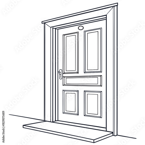 A detailed line drawing illustration of a classic four panel wooden front door with a mail slot and doorknob set against a plain white background with a subtle floor line and threshold