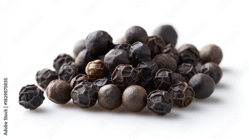 Fototapeta premium black pepper seeds, close-up pile, isolated on white, fresh and realistic
