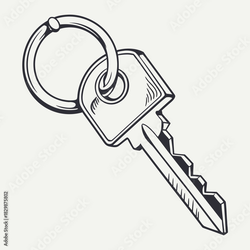 A detailed line art illustration of a single house key attached to a circular keyring presented against a plain off white background symbolizing access and security