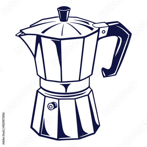 A classic italian moka pot coffee maker with a dark blue outline on a white background representing a traditional brewing method for rich espresso