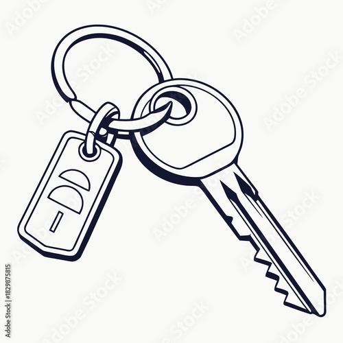 A simple line art illustration of a single house key attached to a keychain with a remote fob symbolizing access security and ownership