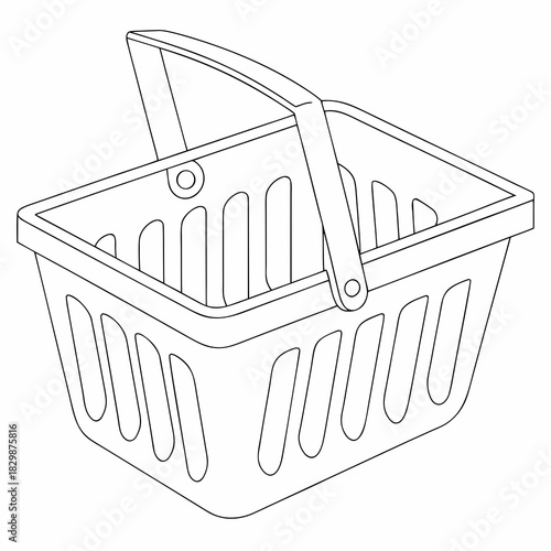 A simple black and white line drawing illustration of an empty shopping basket with a handle isolated on a white background perfect for design concepts