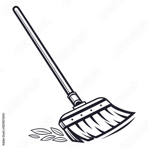 A stylized black and white illustration of a broom sweeping a small pile of leaves on a white background representing cleaning and tidying up