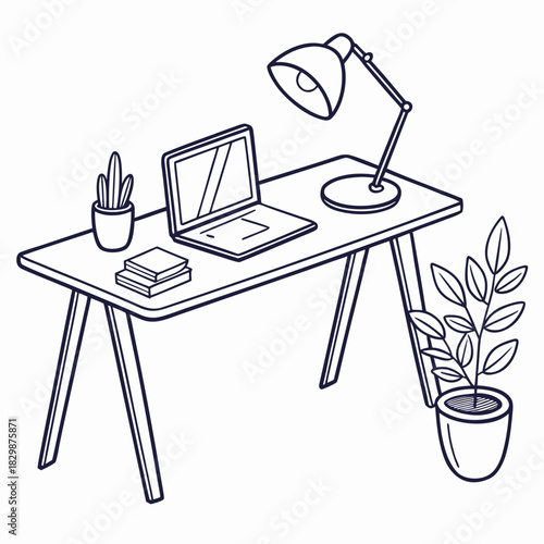A minimalist line art illustration of a modern desk setup featuring a laptop a desk lamp stacked books and potted plants perfect for home office or study concepts
