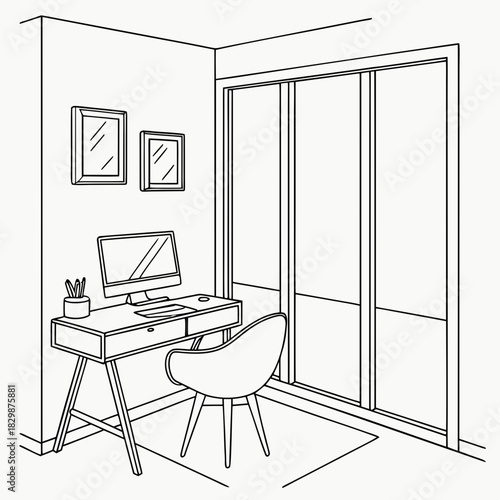 A minimalist line drawing of a modern home office corner with a desk computer chair and framed art on the wall next to sliding closet doors