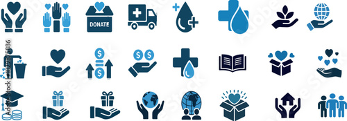 Essential charity, donation, and social support modern icon set