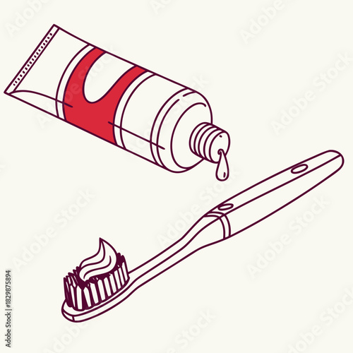 Simple line art illustration of a toothpaste tube with a drop of paste falling and a toothbrush with toothpaste on its bristles isolated on a light background