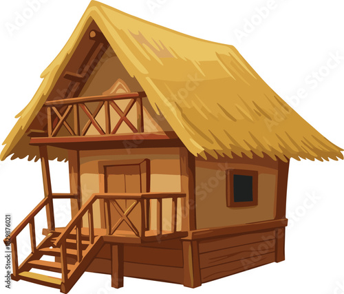 Cartoon wooden stilt house, rustic thatched roof cottage, tropical elevated hut, rural architecture illustration, traditional design, vector art, countryside home