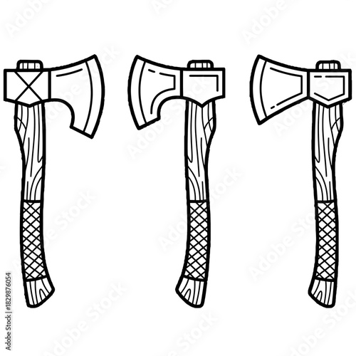 Detailed illustrations of three different axe designs showing distinct wood handles and blades vector graphics on transparent background 