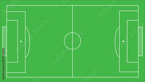 Soccer field with green grass lines and center circle top view in stadium area