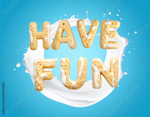 Have fun text made of cereal letters with milk splash on bright blue background