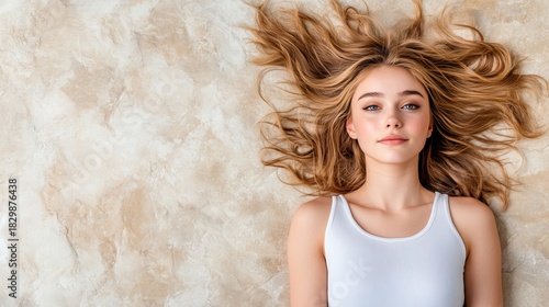 Young woman lies down with blonde hair spread out on the neutral patterned surface, wearing a white top in studio lighting.