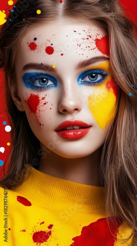 Young woman is posing with red, blue, and yellow paint splattered on her face and wearing matching colors.