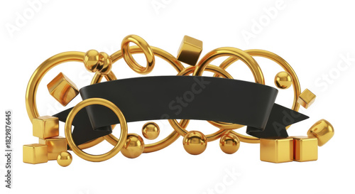 A blank black ribbon banner elegantly intertwined with a luxurious abstract composition of golden rings, spheres, and cubes isolated on a white background