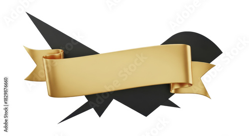 Luxurious 3D golden ribbon banner floating over a modern black abstract shape, offering elegant copy space for titles and announcements