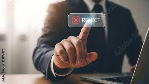 Businessman pressing reject button on virtual screen declining offer concept