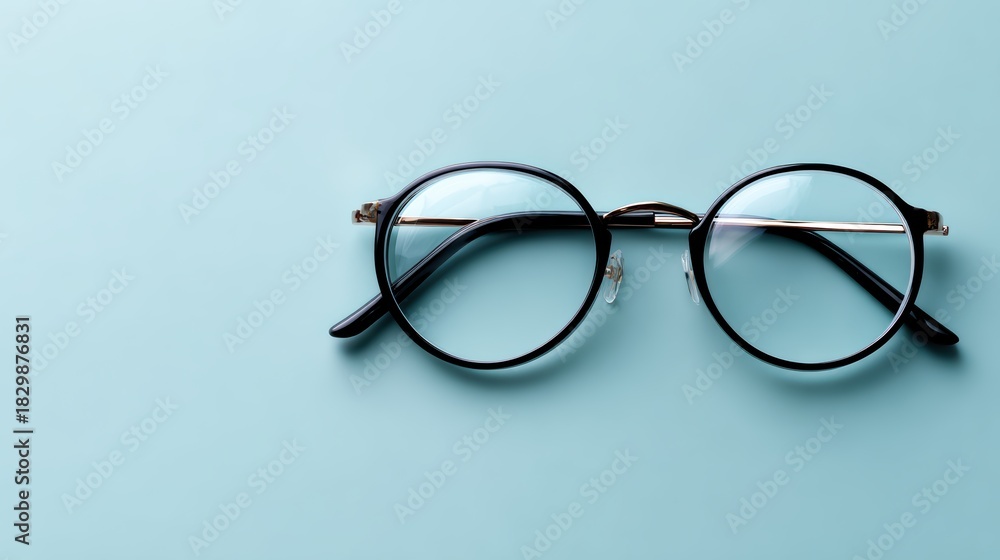 Fototapeta premium round black glasses, top view, pastel blue backdrop, minimalistic and stylish presentation