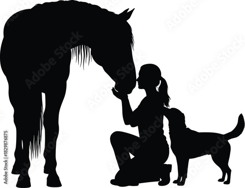 Silhouette of person kneeling between horse and dog, black and white illustration, animal bond and companionship theme