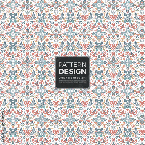 Photography Folkloric repeating pattern with birds hearts flowers and leaves.