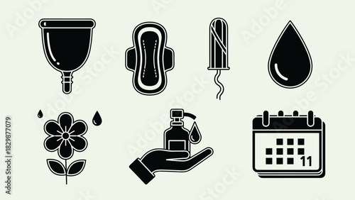 Menstrual cycle icons for feminine hygiene and period care needs showing menstrual cup pad tampon calendar and flower with water drops, Generative AI.