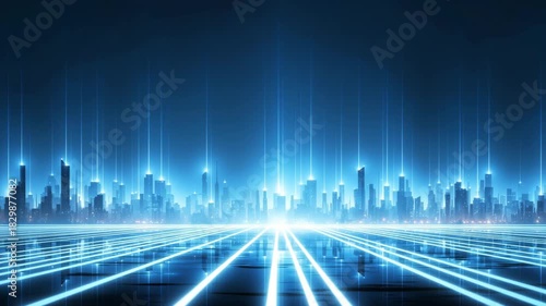 Futuristic blue cityscape illuminated by vertical light beams rising across advanced sci-fi urban skyline