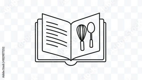 Open recipe book with whisk and spoon icons perfect for culinary blogs cooking classes or food-themed designs simple line art illustration, Generative AI.