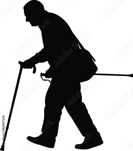 Silhouette of person walking with cane and shoulder bag, black and white illustration, mobility aid and lifestyle concept