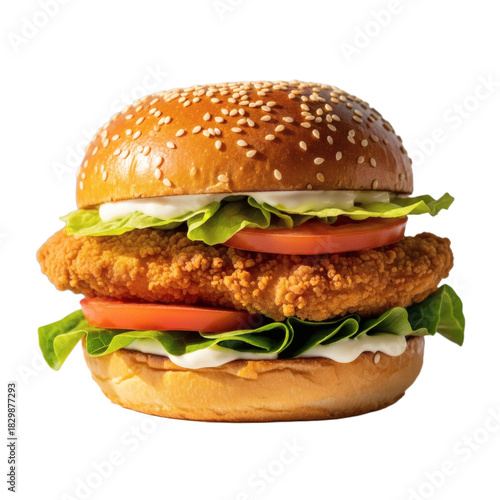 Crispy fried chicken burger with lettuce and tomato isolated on transparent background