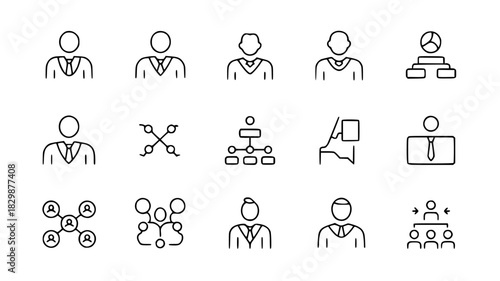 Set of business people line icons simple vector glyph symbols for organization chart and management isolated on white background