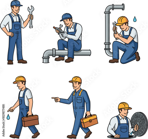 Cartoon plumber illustrations with wrench, toolbox, pipe work, manhole, pointing, sitting, walking, kneeling and repair poses