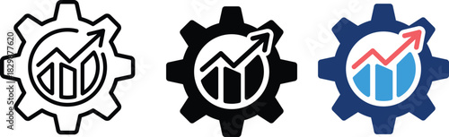 Gear and rising bar chart with an upward arrow signifying growth and progress in business campaign