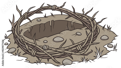 Hand-drawn Crown of Thorns on an Open Grave Vector, A hand-drawn illustration of a woven crown of thorns placed on the ground over an open grave. 