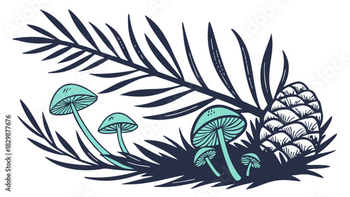 Hand-drawn Fern Frond, Mushrooms, and Pinecone Composition Vector, A hand-drawn botanical composition featuring a large fern frond, several small blue-green mushrooms, and a pinecone