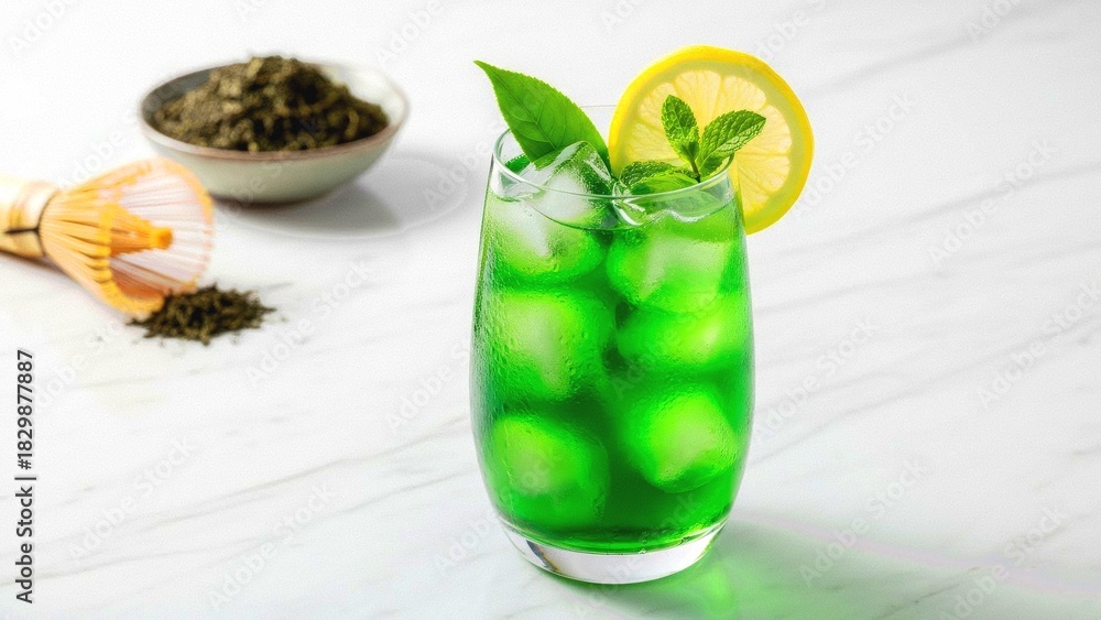 Fototapeta premium Refreshing iced matcha tea with lemon and mint garnish on marble