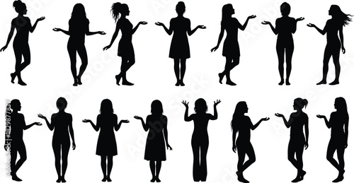 Silhouettes of fifteen women expressing confusion or inquiry, black and white illustration, diverse gesture and emotional posture theme