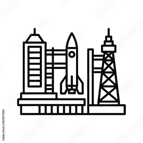 Space Rocket on Launch Pad with Control Tower Line Art Icon