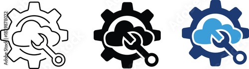Gear wheel with simplified cloud represents mechanics and settings cloud digital storage