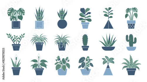 A comprehensive set of diverse potted houseplants, showcasing various green indoor plants in stylish decorative planters