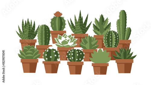 Assortment of various green succulent plants and spiky cacti in terracotta pots, illustrating a charming botanical display ideal for home decor