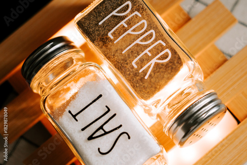 Salt and pepper shakers on a wooden surface in a kitchen setting during daytime