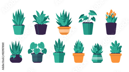 Vibrant vector set of stylized potted houseplants and succulents, perfect for refreshing modern home and office interior decor