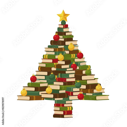 Festive Christmas Tree Crafted from a Stack of Colorful Books.