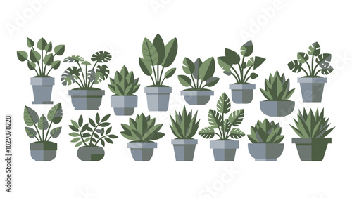 An aesthetic concept illustration showcasing a diverse collection of indoor potted plants for modern home and office decor