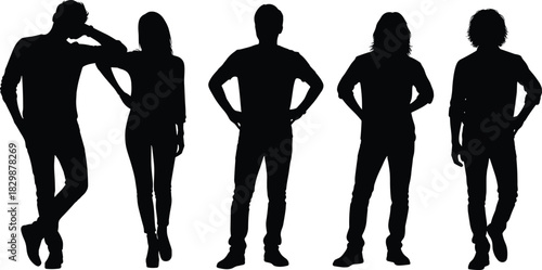 Silhouettes of five adults in varied standing poses, black and white illustration, posture and gesture study, fashion and modeling concept