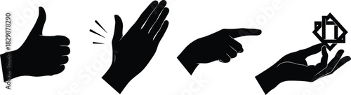Silhouettes of four hand gestures including thumbs-up, clapping, pointing, and offering, black and white illustration, communication and symbolic action theme