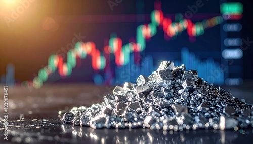 Shiny metal nugget pile on trading desk in front of rising chart symbol of commodity boom mining investment and market volatility
