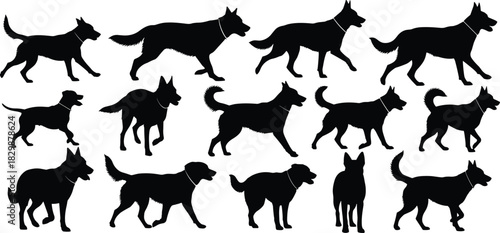 Silhouettes of fourteen dogs in varied poses and sizes, black and white illustration, canine diversity and motion theme