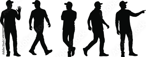 Silhouettes of person in five varied poses with cap, black and white illustration, gesture and posture study, casual movement concept
